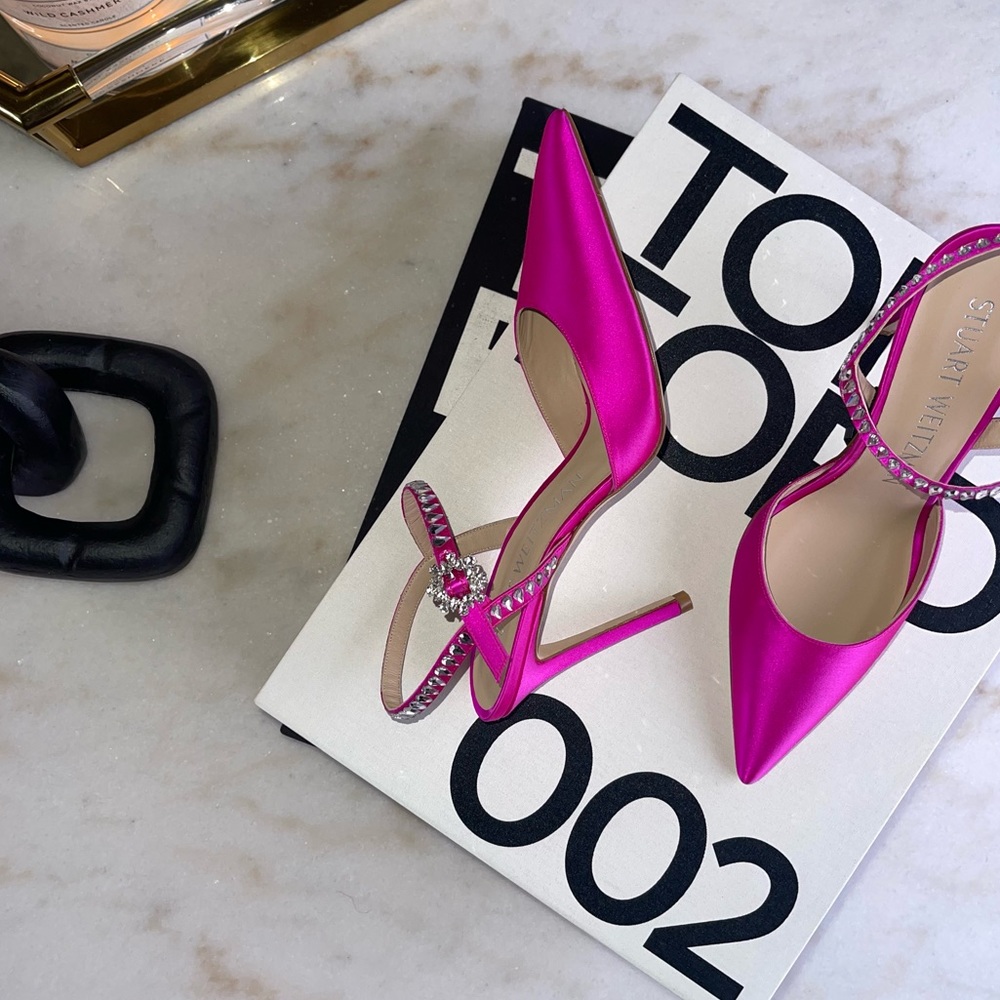 New Stuart Weitzman Gemcut 100 Swarovski Crystal Ankle Strap Pump in Rosa Pink